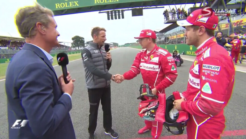 – Meget bra jobbet, Jenson, sa David Coulthard til sin tidligere konkurrent og nå reporterkollega Jenson Button. (Skjermdump: Viasat)
