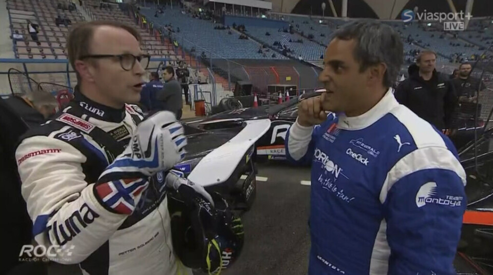 Petter Solberg og Juan Pablo Montoya etter fredagens semifinale-duell. (Skjermdump: Viasport +)