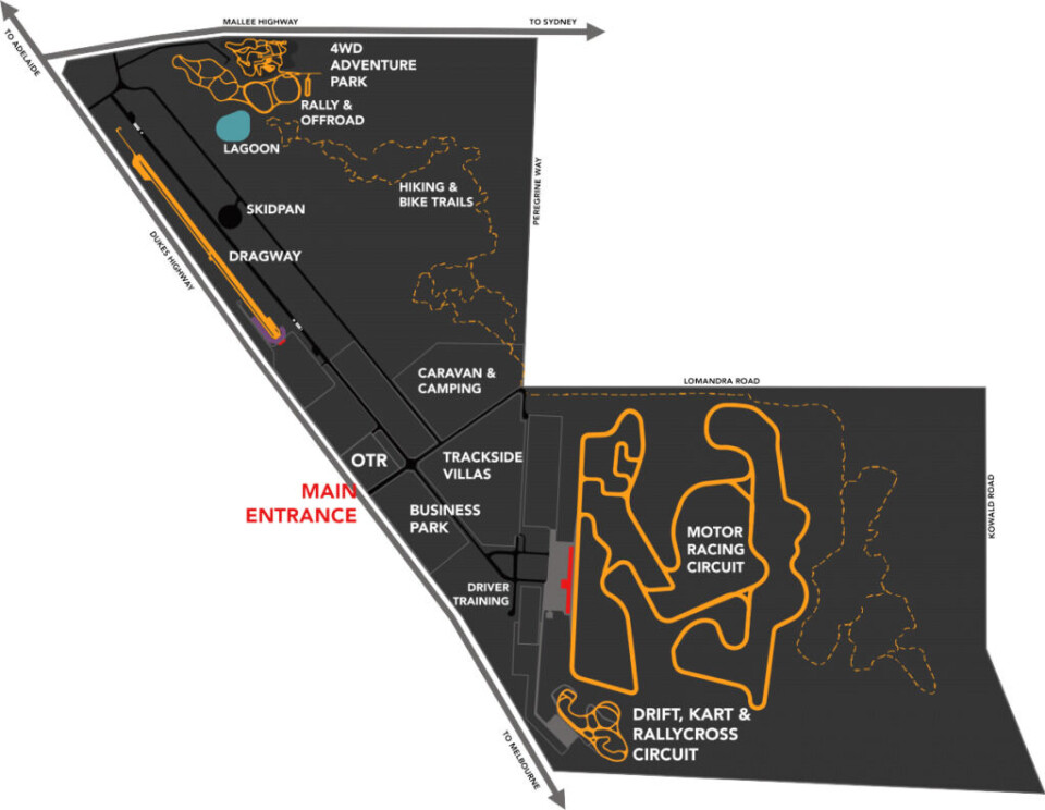 Slik er skissen over området som tilbyr de aller fleste fasiliteter for all mulig bilsport. (Foto: The Bend Motorsport Park)