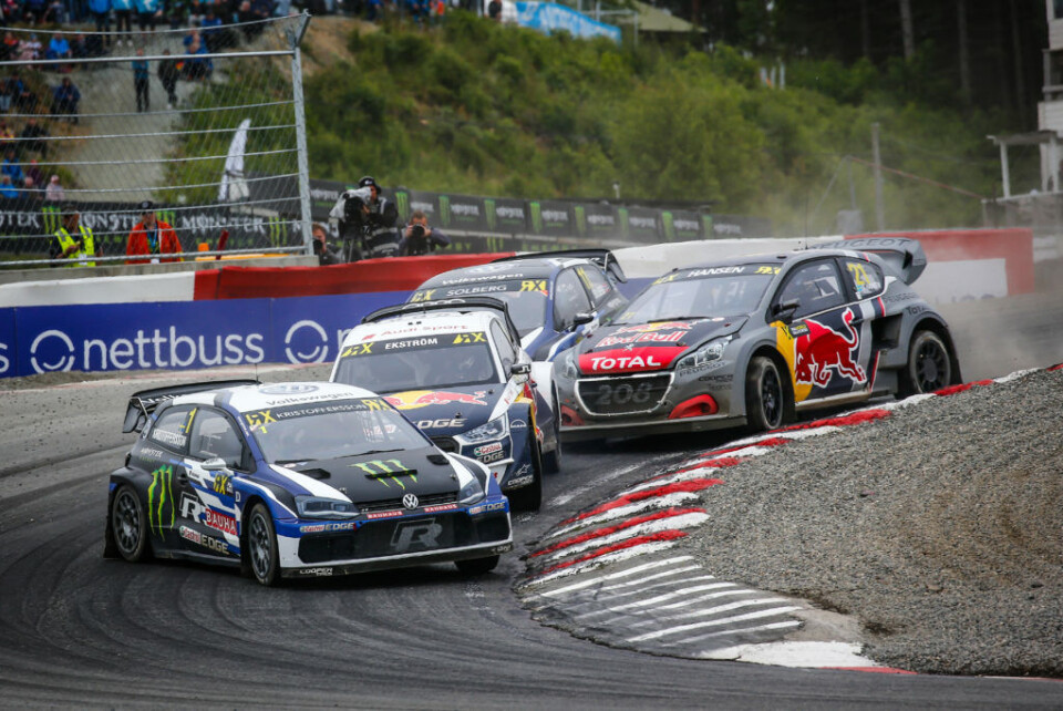 Tre fabrikanter og to nasjonaliteter - dette bildet fra Lånkebanen illustrerer på mange måter hvordan Rallycross-VM domineres. (Foto: FIAWorldRallycross.com)