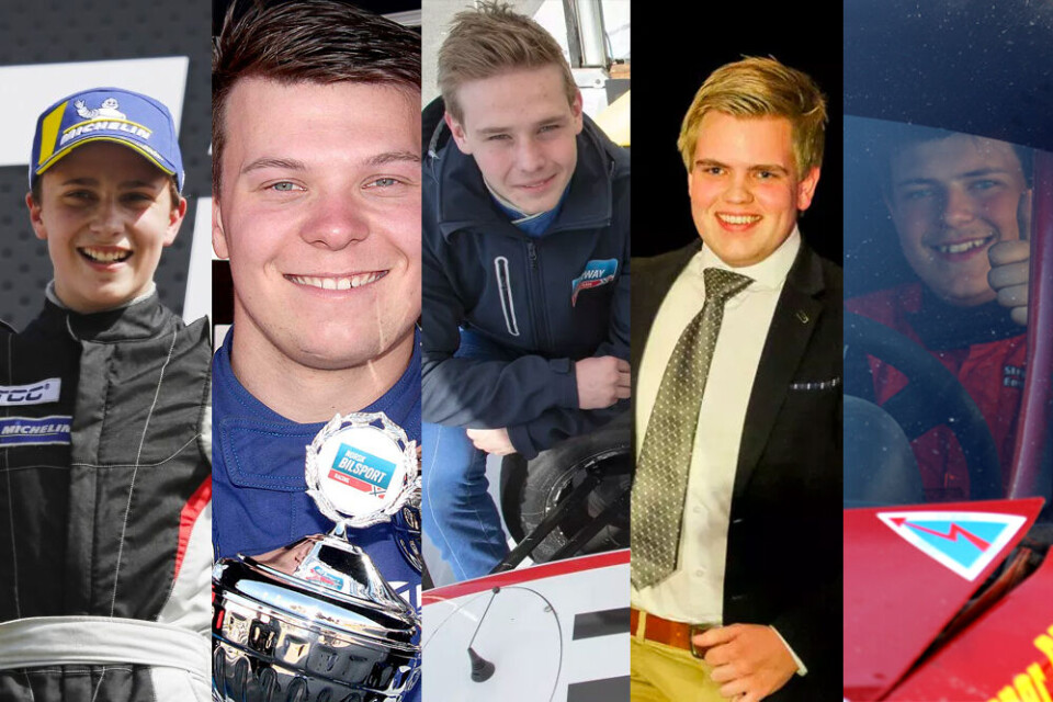 Emil Heyerdahl, Alf Marius Loe Sandberg, Edward Sander Woldseth, Håkon Sveen Frøslid og Ole Henry Steinsholt er årets kandidater til «Bilsporttalentet 2018». (Fotomontasje: Simen Næss Hagen)
