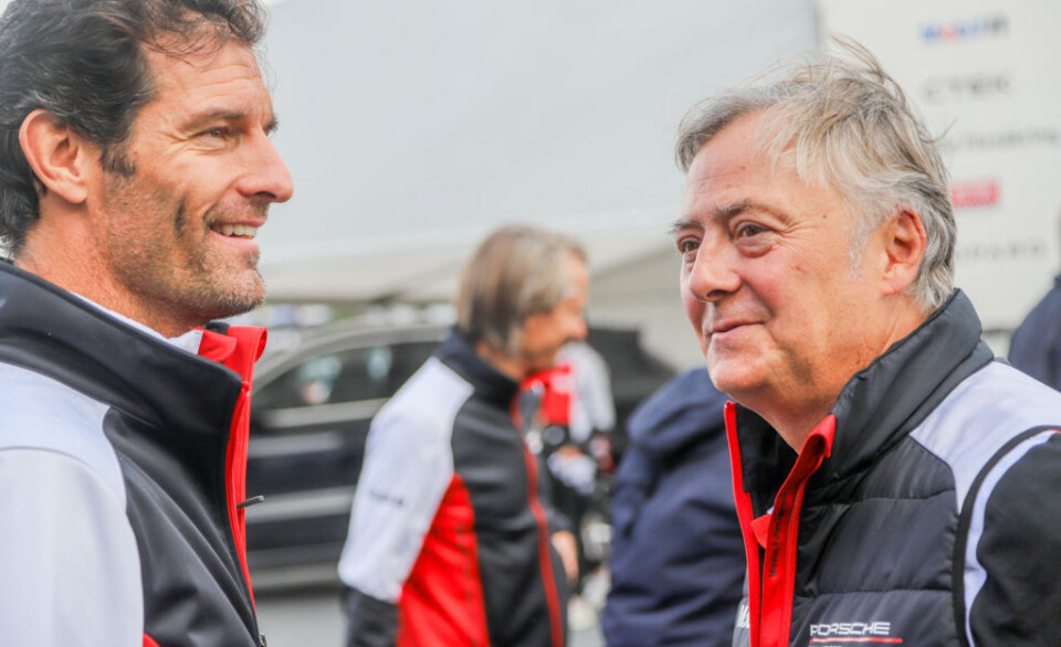 Harald Huysman etter sitt forrige billøp, her med tidligere Formel 1-fører og manager-kollega Mark Webber.