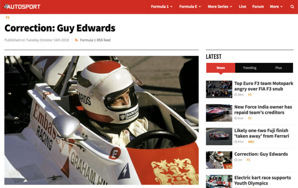 Nekrologen om Guy Edwards ble raskt erstattet med en ydmyk beklagelse hos blant annet Autosport tirsdag ettermiddag. (Skjermdump: Autosport)