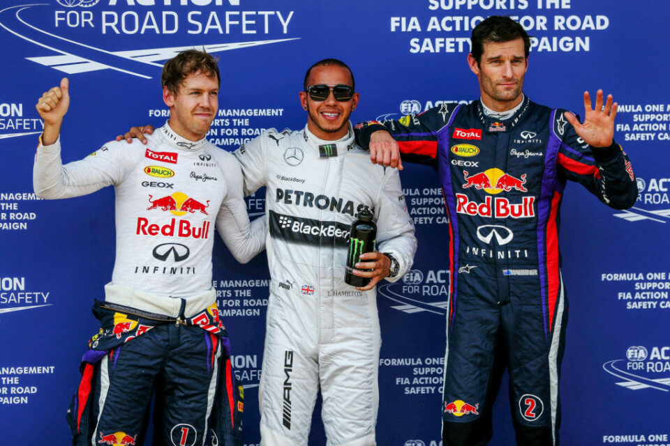 Mark Webber (høyre), i selskap med Lewis Hamilton og Sebastian Vettel, tilbake til 2013. De to sistnevnte kjemper om VM-gull i år, og australieren har fortsatt god kontakt med dem begge. (Foto: Red Bull Content Pool)