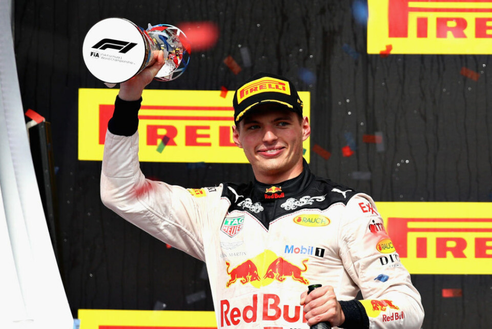 Max Verstappen jubler for andreplass etter å ha startet fra 18. startspor i USA sist helg. (Foto: Mark Thompson/Getty Images)