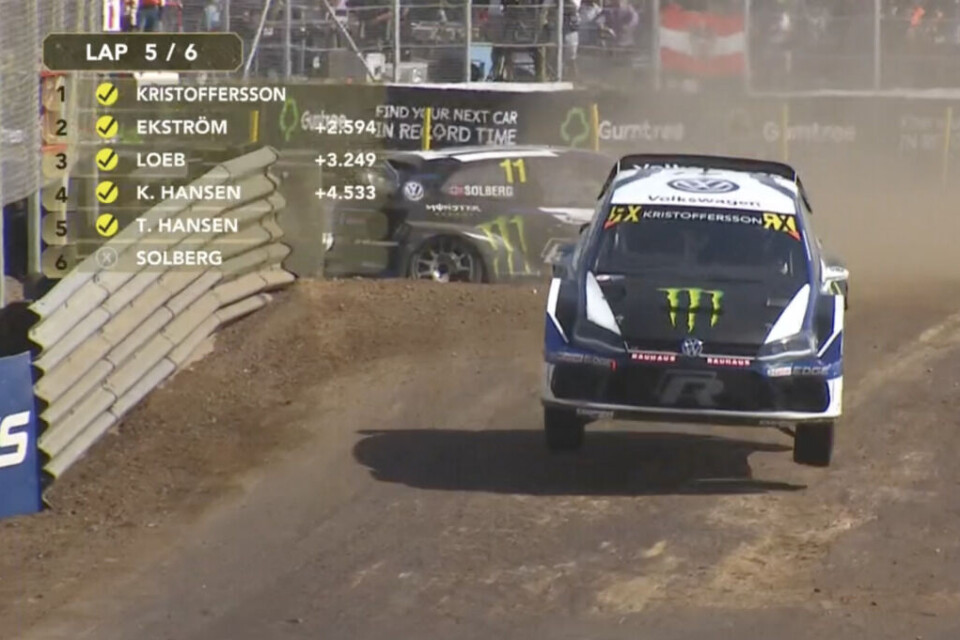 Slik endte finalen for Petter Solberg mens Johan Kristoffersson sikret sin niende seier på rad. (Skjermdump: NRK/IMG)