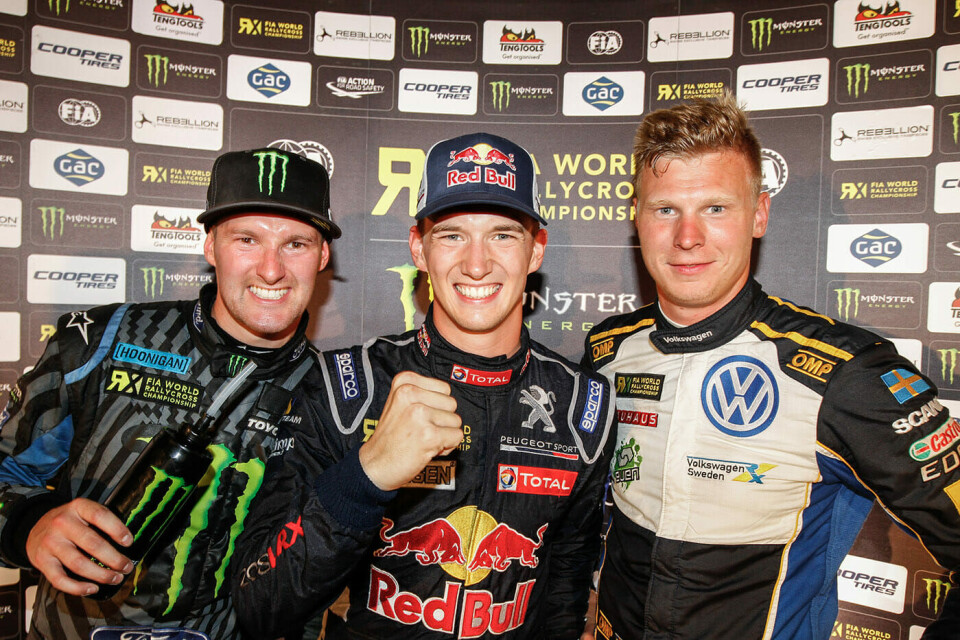 Andreas Bakkerud, Timmy Hansen og Johan Kristoffersson, her fra Canada-VM i 2016 der Timmy stakk av med seieren. (Foto: FIAWorldRallycross.com)