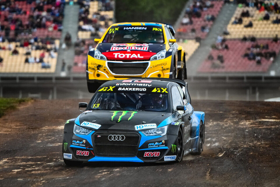 Andreas Bakkerud her i sin privatdriftede Audi S1, innleid fra sin gamle arbeidsgiver EKS, etterfulgt av Kevin Hansen som til slutt ble nummer to. (Foto: Jan-Kåre Rafoss)