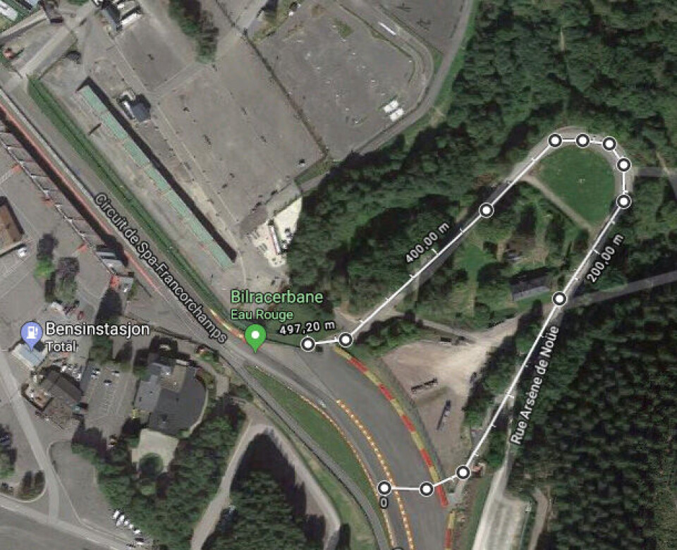 Skisse for mulig baneforlengelse på Spa-Francorchamps. (Skjermdump: Google Maps)