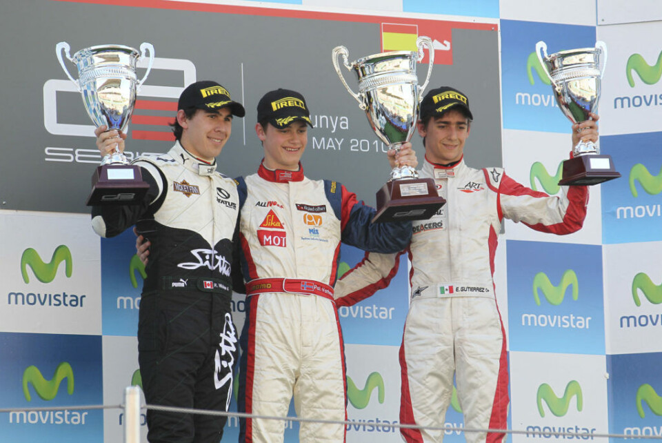 Robert Wickens (venstre) gjorde mye suksess før han ble hardt skadet i fjor, mens Esteban Gutierrez (høyre) har vært innom Formel 1 i noen sesonger. Pål Varhaug i midten vant tidenes første GP3-løp i Barcelona i 2010. (Foto: Privat)