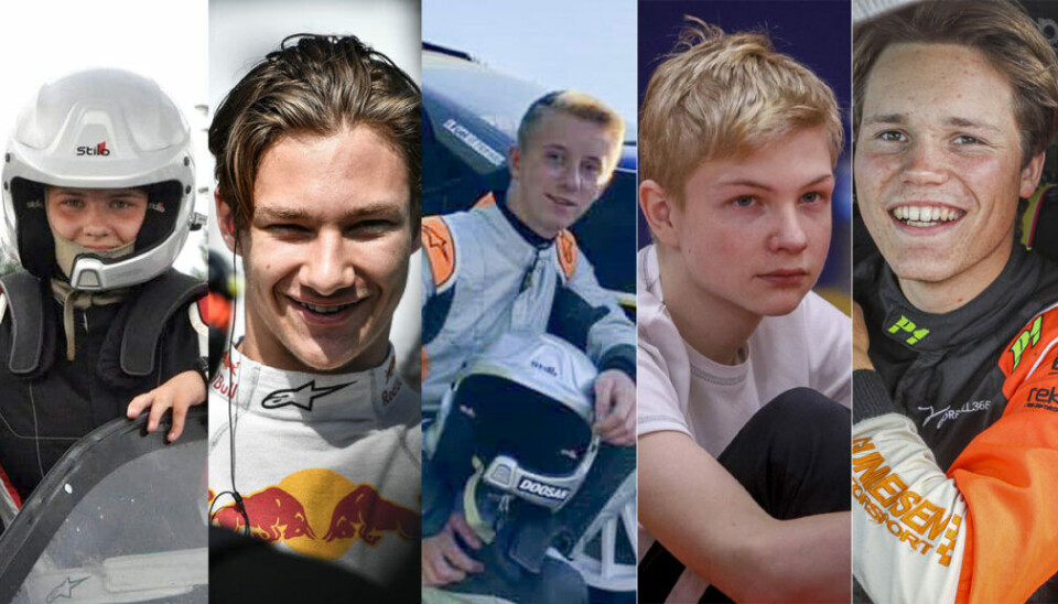 Andrine Rafoss, Dennis Hauger, Niklas Eker Abrahamsen, Marius Solberg Hansen og Ola Jr. Nore er årets fem kandidater til å vinne Bilsporttalentet 2020. (Fotomontasje: Simen Næss Hagen / Parc Fermé)
