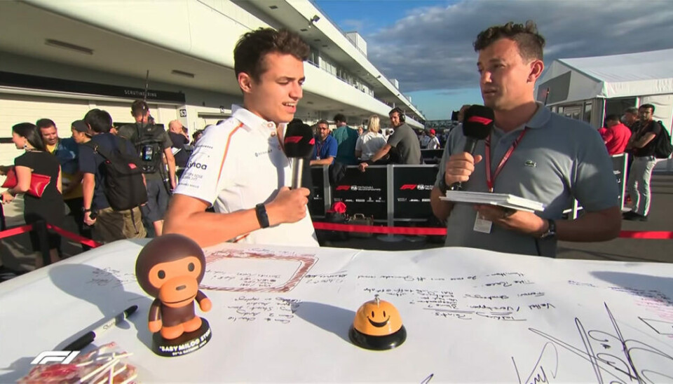 F1-reporter Will Buxton, her i intervju med McLarens Lando Norris. (Skjermdump: F1 TV)