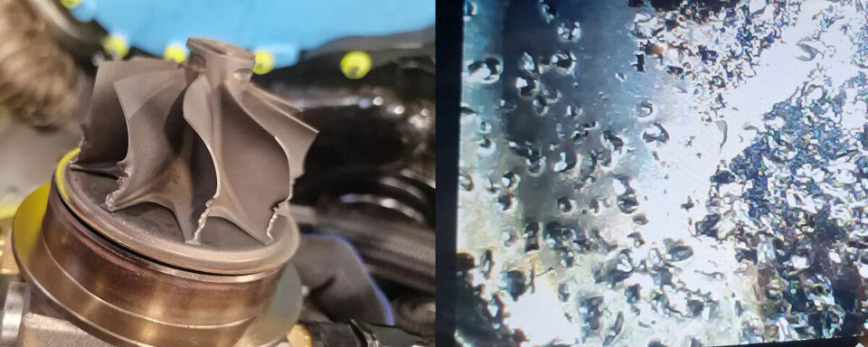 Bildene lagt ut på Facebook-siden til Aslaksen Drifting viser blant annet skader på eksossiden på turboen, og metallspon i sylinder etter raset.