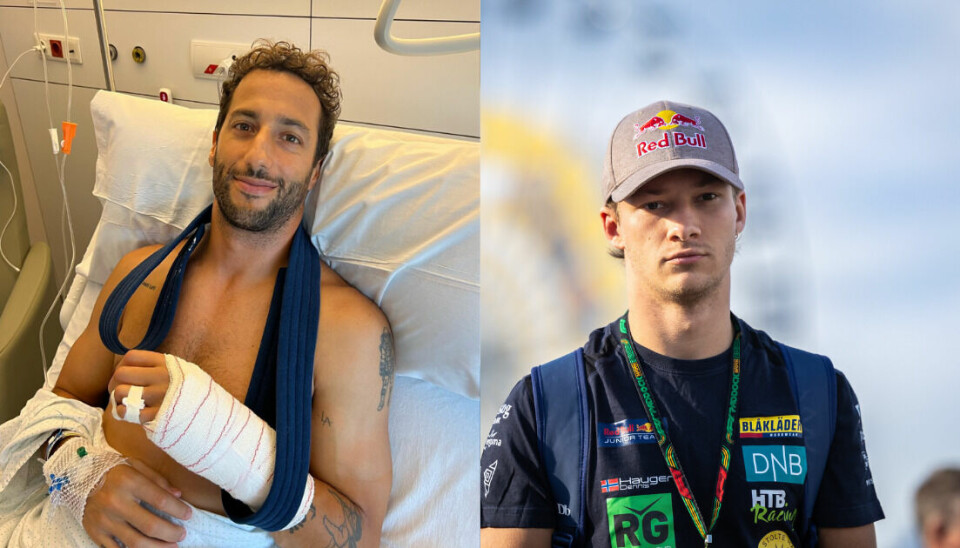 Daniel Ricciardo etter søndagens operasjon, og Dennis Hauger i forkant av løpshelgen i Nederland.