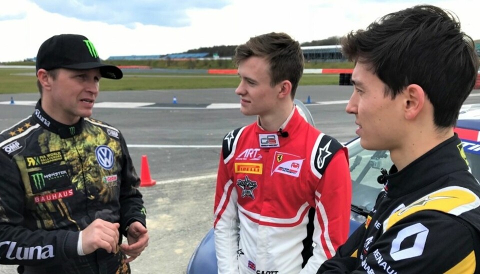 Petter Solberg sammen med Callum Ilott og Jack Aitken fra rallycrosstesten på Silverstone i 2018.