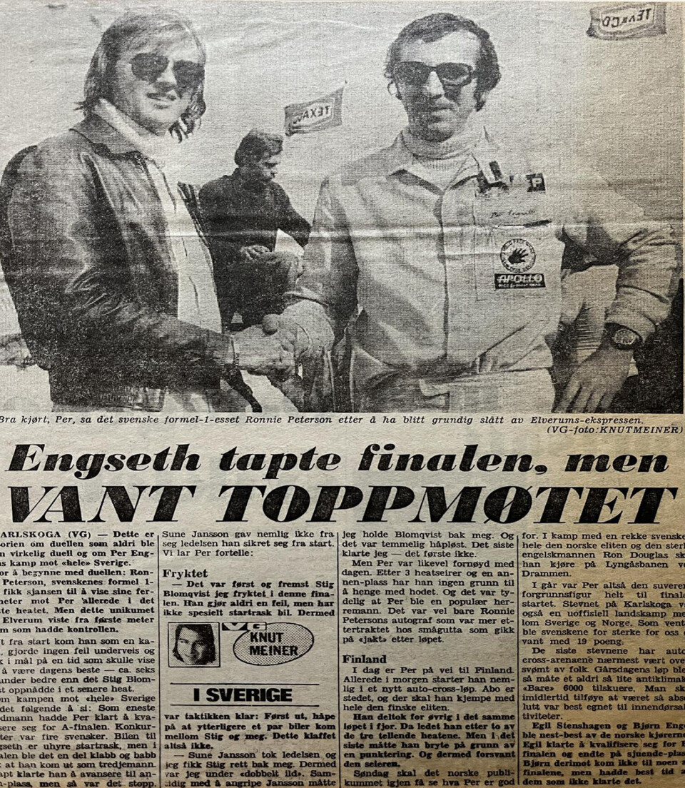 Per Engseth og Ronnie Peterson fra det minneverdige mestermøtet på Karlskoga-banen i 1975.