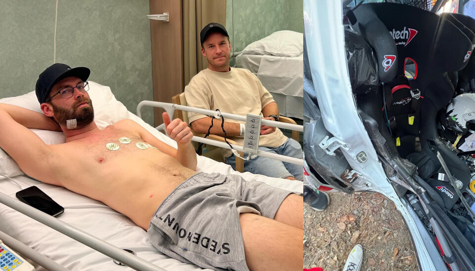 Patrik Barth og Mads Østberg fra sykehuset til Italia. Til høyre ser du kartlesersiden av Mads Østbergs Citroën C3 Rally2 og hvordan sammenstøtet med treet har gått rett inn i siden der Barth satt.