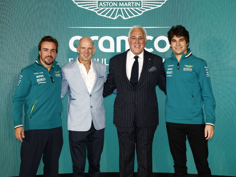 Erlend Hofstads nye kollegaer: Fernando Alonso, Adrian Newey, Lawrence Stroll og Lance Stroll.