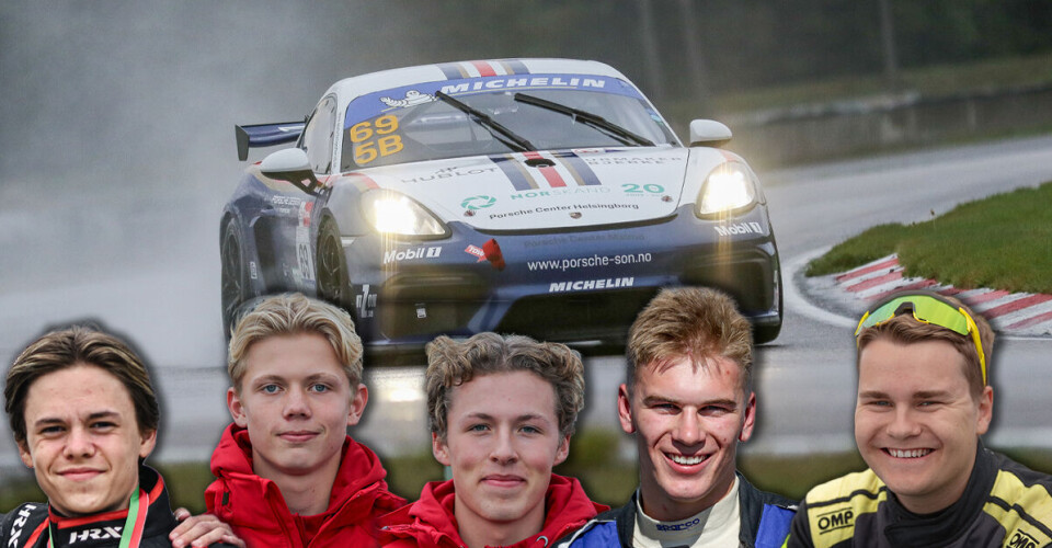 Disse fem skal kjempe om 300.000 kroner. Fra venstre gokartfører Vegard Klemetsen (17), formelfører Marcus A. Sæter (16), GT-fører Emil Gjerdrum (18), rallycrossfører Petter J. Fuglestveit (19) og driftingfører Edward Husa (18).
