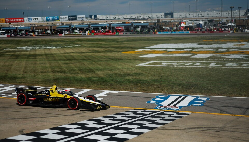 Colton Herta ved målpassering under sesongfinalen Music City Grand Prix i Nashville forrige helg.