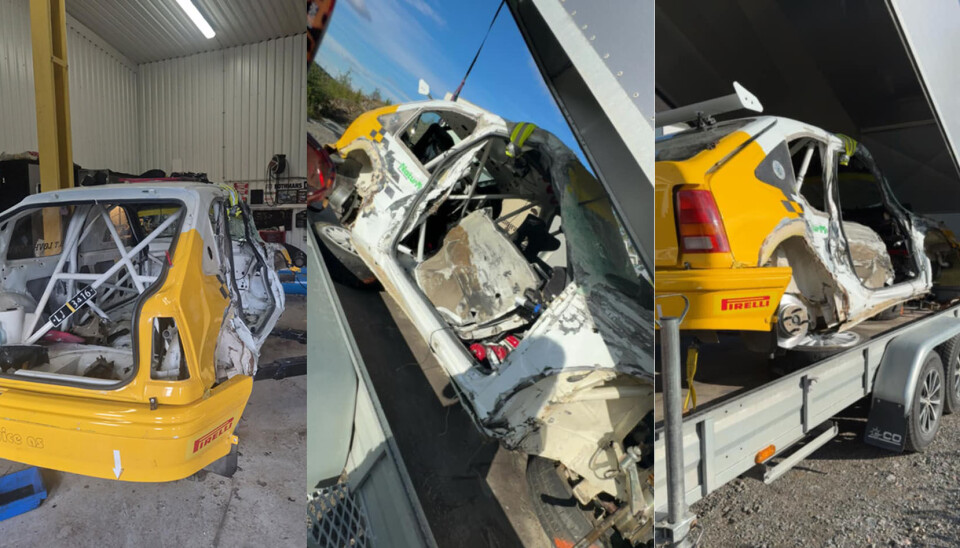 Slik så rallybilen ut etter sammenstøtet. Eier og fører Svein Tore Løvhøiden har samtykket til å dele bildene av bilen.